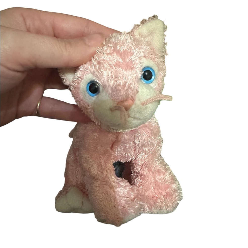 Vintage Pink Plush Kitten with Bright Blue Eyes